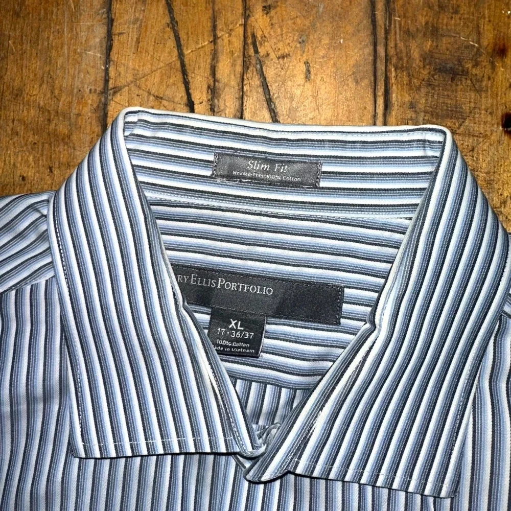 Perry Ellis Portfolio Dress Shirt Mens XL White Striped Long Sleeve Button Down‎